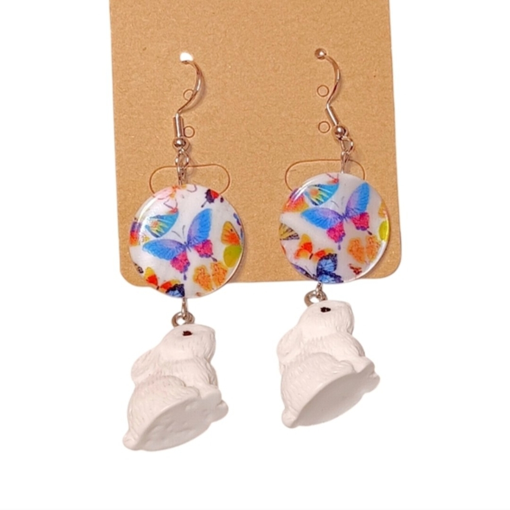 HANDMADE White Bunny Rabbit & Colorful Butterfly Mother of Pearl Dangle Earrings - Picture 2 of 5